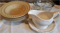 Gravy boat, Anchor Hocking bowls, stoneware bowls