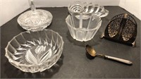 Assorted Glass Dishes and Silver Plated Napkin