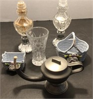 Rein Zinn pewter oil lamp, Glass Salt and Pepper