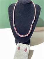 Pink Glass Beaded Necklace & Earrings