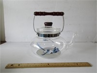 Clear Teapot w/Painted Blue Design & Wood Handle