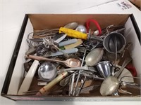 Box Lot of Kitchenware-Spoons, openers, jigger etc