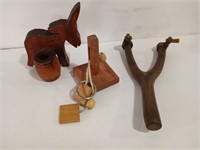 Vintage Wood Pieces-slingshot, donkey, puzzle