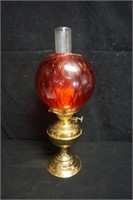 Vinatage Brass Huricane Lamp with Ruby Red Shade