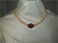 14k Gold & Garnets Biwa Pearl Choker Necklace