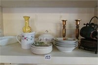 Shelf Lot- Assort. Glassware, Candlesticks, Tea