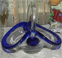 1950s Art Glass Basket with Cobalt Edge