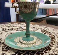 Vtg Green and Gold Stemmed Tea Cup w/Saucer