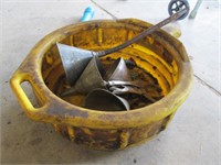 oil catch pan, wrench, funnels
