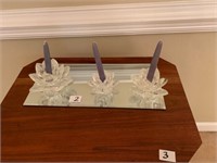 THREE CANDLE HOLDERS AND MIRRORED PLATEAU