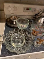 LOT OF GLASS BOWLS, PAN AND TEA KETTLE