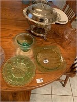 GREEN DEPRESSION PLATES AND COMPOTE