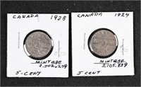 Canada 1923-1924 5 cent coins Nickels Canadian