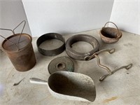 Copper sprinkler, horse bit, scoop, misc