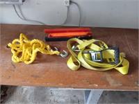 Tow rope, heavy ratchet tie-down strap, warning