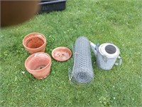 Metal watering can , chicken wire, clay planters