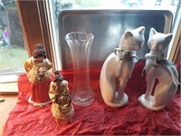 Mixed lot- cat figures , corn husk dolls and vase
