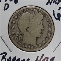 1908-D Barber half dollar, nice