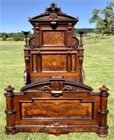 High back Victorian bed, burl panels, applied