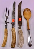 Carving set, stag handles, sterling ring, 14" long