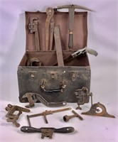 Tool box & tools: slate hammer, chisels, wrenches,