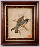 Box frame - Bird print, walnut with gold lines,