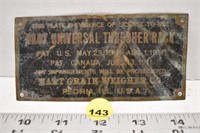 Hart Universal Thresher nameplate pat. 1911