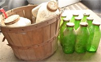 8 Milk Bottles, 1 green unknown, basket of misc.