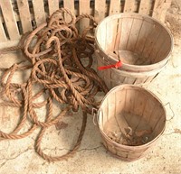Baskets (2 Bushel, 1 -.5 Bushel) and old hay rope