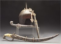 PERSIAN KULAH KHUD, 2 DAGGERS & 1 SHORT SWORD.