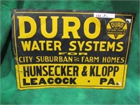 DURO WATER SYSTEMS EMBOSSED SIGN 1920'S
