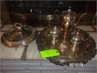 Silver on Copper Tray/Tea Pot/Cream/Sugar