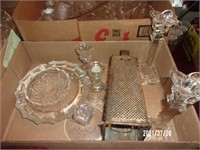 Clear Glass Candlestick & (2) Ashtrays