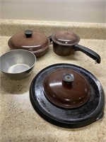 Cast iron griddle top, pots and pans