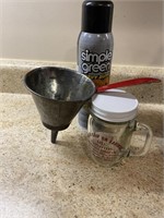 Metal funnel, jar glass, BBQ grill cleaner