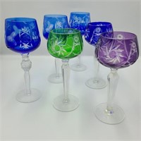 6 Colored Crystal Wine Glasses w/ Hortensa