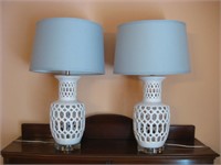 Pair Ceramic Modern Lamps W/Shades 28.5" Tall