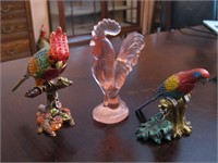 2 Rhinestone Trinket Birds & Pink Glass Rooster