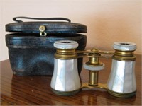 Antique Mother Of Pearl Brass Opera Glasses w/Case