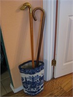 2 Vtg Wood Canes & 16" Tall Ceramic Stand