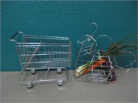 11" Wide Miniature Shopping Cart & 13" Wire Rooste