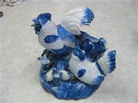 7"x 6.5" Blue & White Pottery Chickens