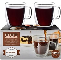 NEW 12 oz Glass Coffee Mugs - Set of 2 - Clear D