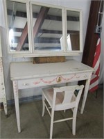 Vintage Vanity / Desk with Triple Mirror & Chair
