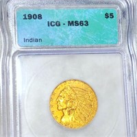 1908 $5 Gold Half Eagle ICG - MS63