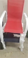 2 outdoor chairs white base 1 red chair 1 blue