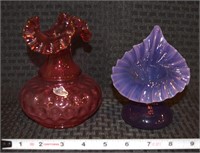 Fenton Art Glass cranberry coin spot ruffled vase+