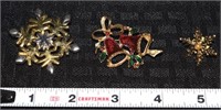 (3) Vintage Christmas Snowflake/Bell Brooches