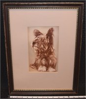 Framed Yorkie in sepia tone (photograph?) framed