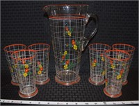 Art Deco painted florals glass pitcher 6 tumblers